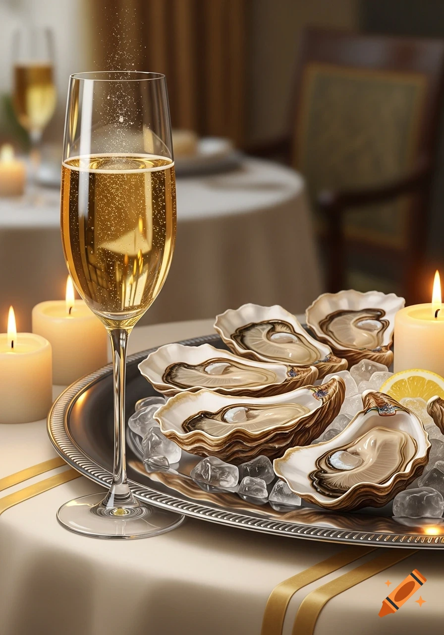A champagne flute and a platter of fresh oysters on ice with lemon slices, next to lit candles on a white tablecloth.