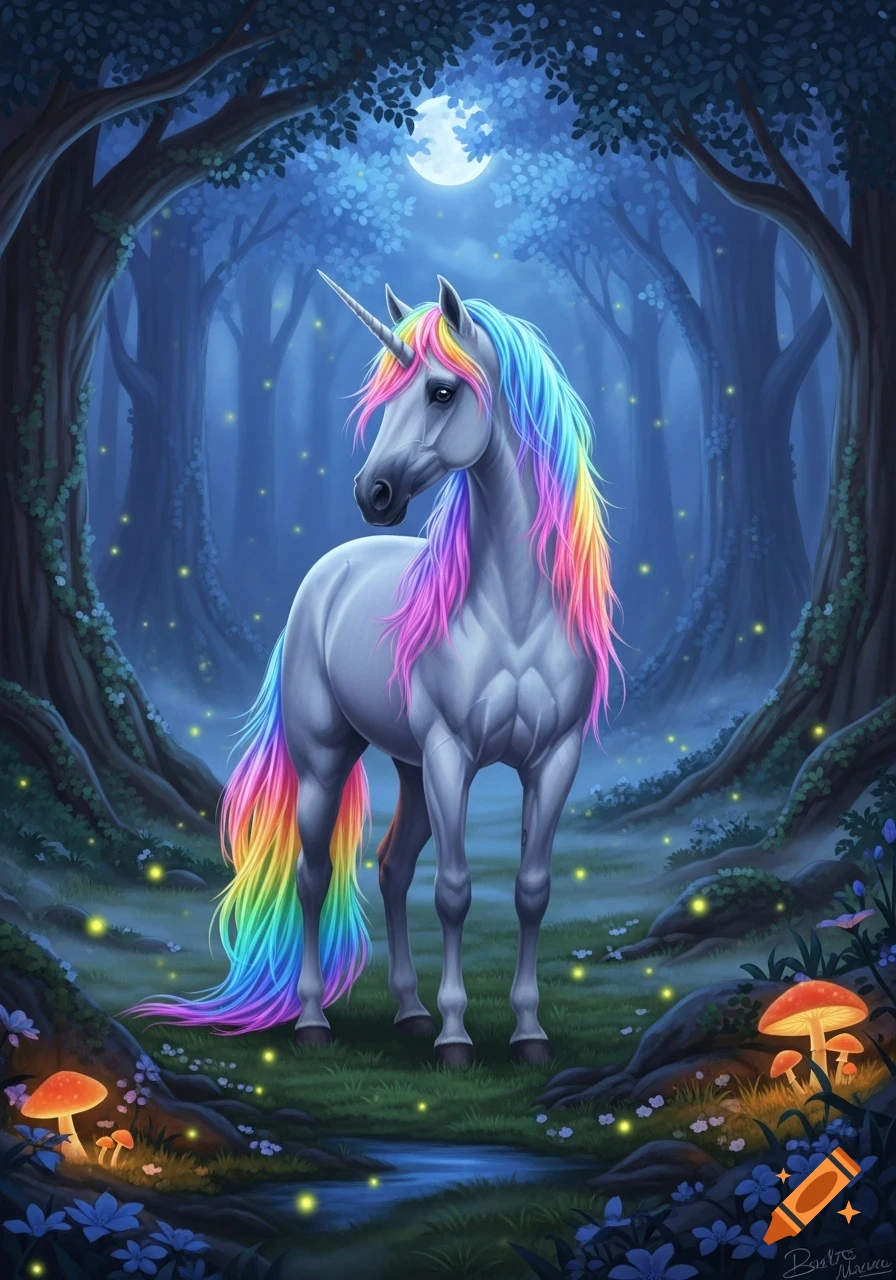 A white unicorn with a rainbow mane and tail stands in a mystical blue forest under a full moon, surrounded by glowing mushrooms.