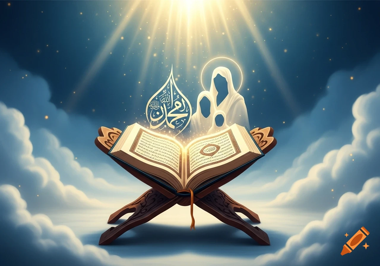 An open Quran on a wooden stand glows under divine light amidst clouds, with Islamic calligraphy and veiled figures.