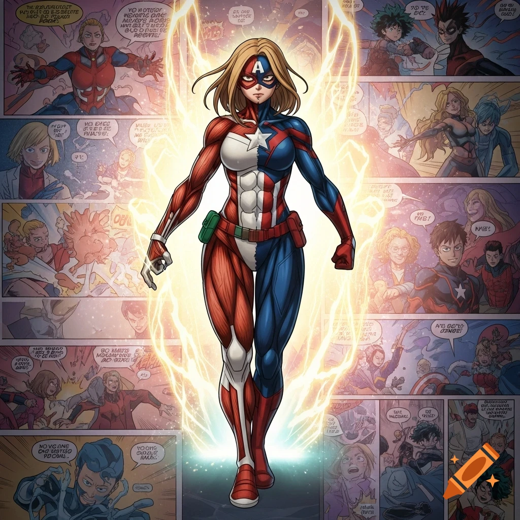 A muscular female superhero, half in a Captain America-style costume and half exposed muscle anatomy, stands on a comic book page with other anime-style characters in surrounding panels.