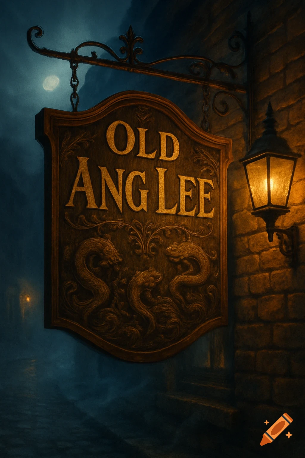An ornate wooden sign with 'OLD ANG LEE' in gold letters, hanging on a brick wall next to a glowing lantern on a dark, moody street.