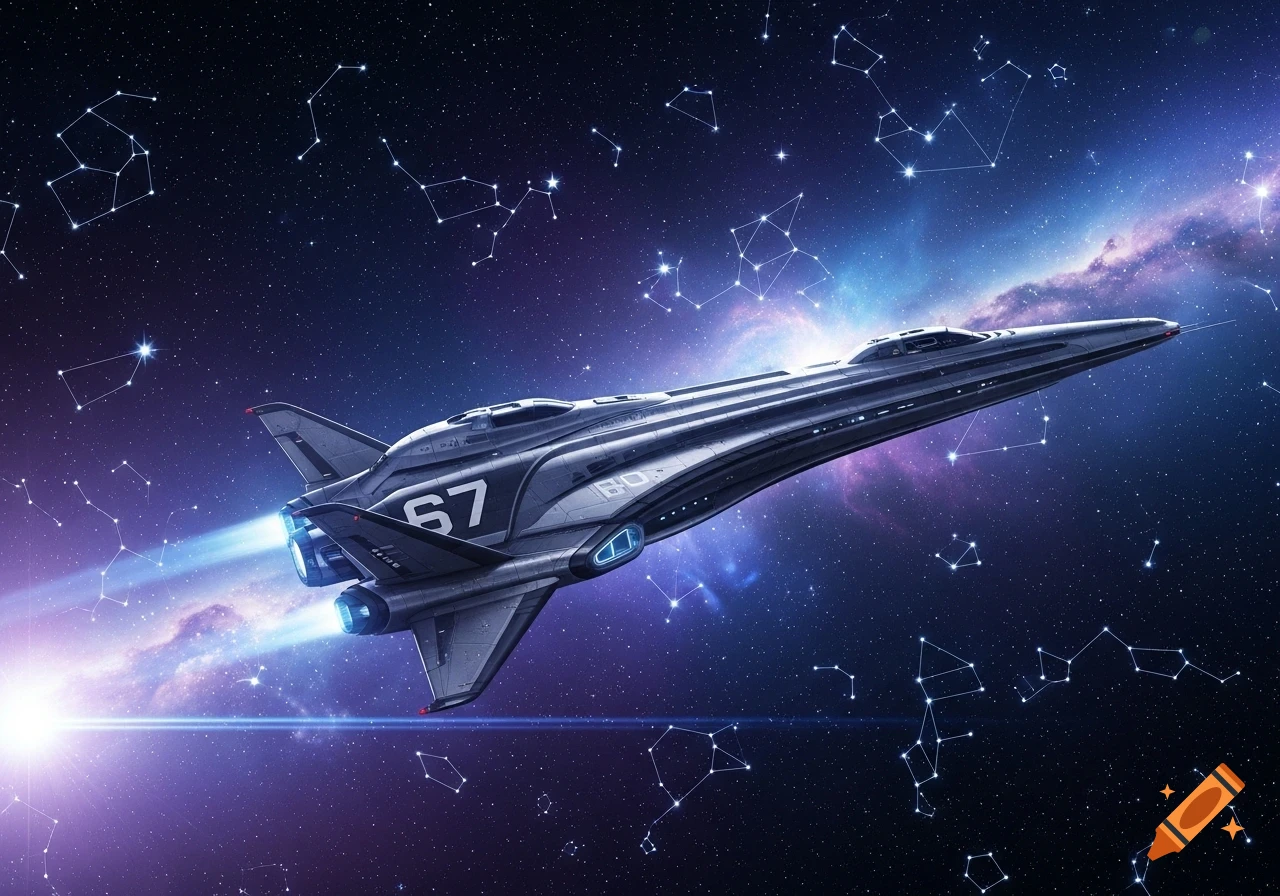 A sleek, futuristic silver spaceship with '67' on its wing, flying through a dark, star-filled space with purple and blue nebulae and constellations.