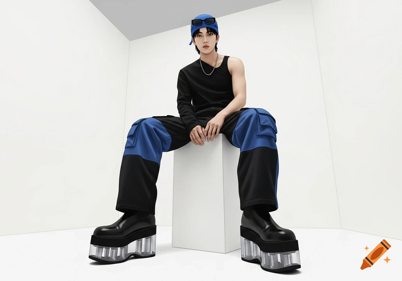 A young man in a blue cap, sunglasses, black one-sleeve shirt, blue and black cargo pants, and clear platform boots sits on a white box.