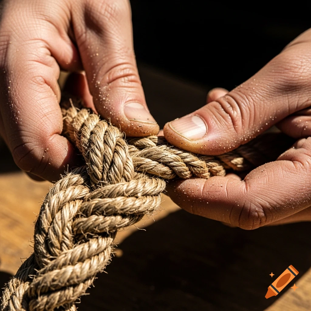 Close-up of hands expertly weaving a thick, three-stranded rope with sand on skin.