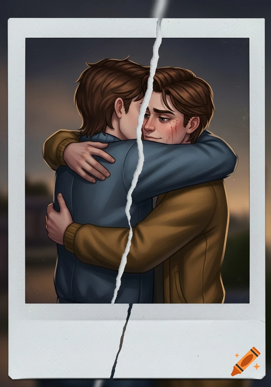 Cartoon image of a torn polaroid photo showing two brown-haired men embracing, one with scratches on his face, against a blurry outdoor background.