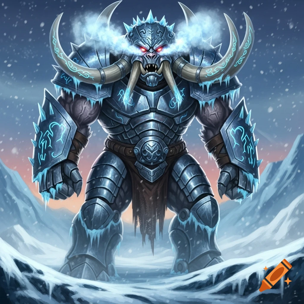 A large, muscular ice monster with red eyes, tusks, glowing blue armor, and steam emanating from its head stands in a snowy landscape.