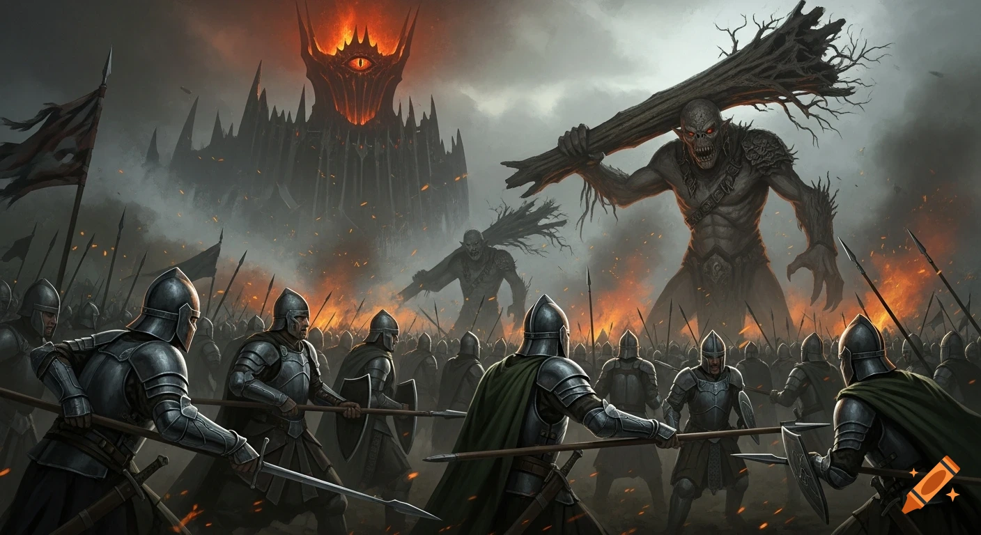 Gondor soldiers with spears face two massive, tree-wielding Olog Hai in a dark fantasy battle, with Barad-dur and the Eye of Sauron in the background.