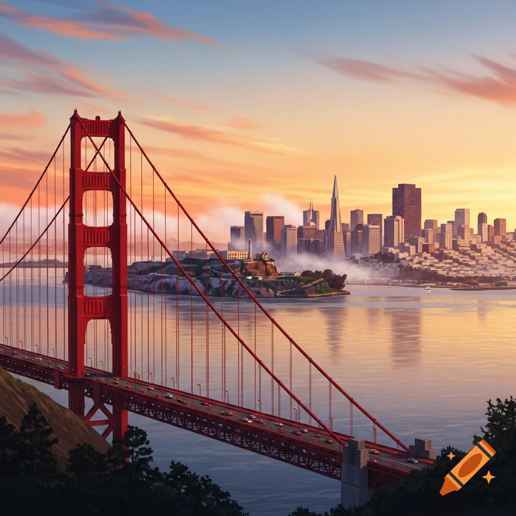Stylized illustration of San Francisco's Golden Gate Bridge and skyline with Alcatraz at sunset.