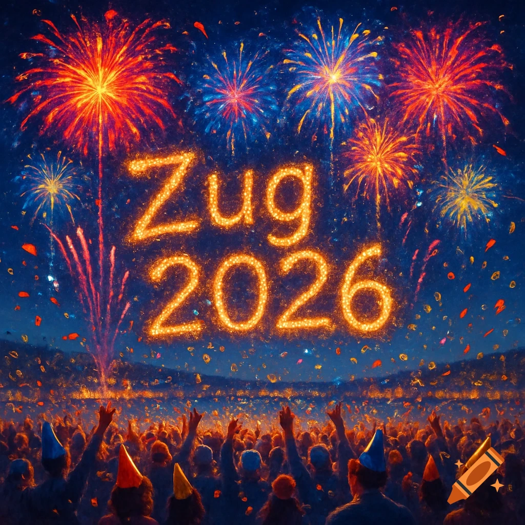 A large crowd in party hats watches fireworks explode in the night sky, spelling out "Zug 2026" in glittering lights.