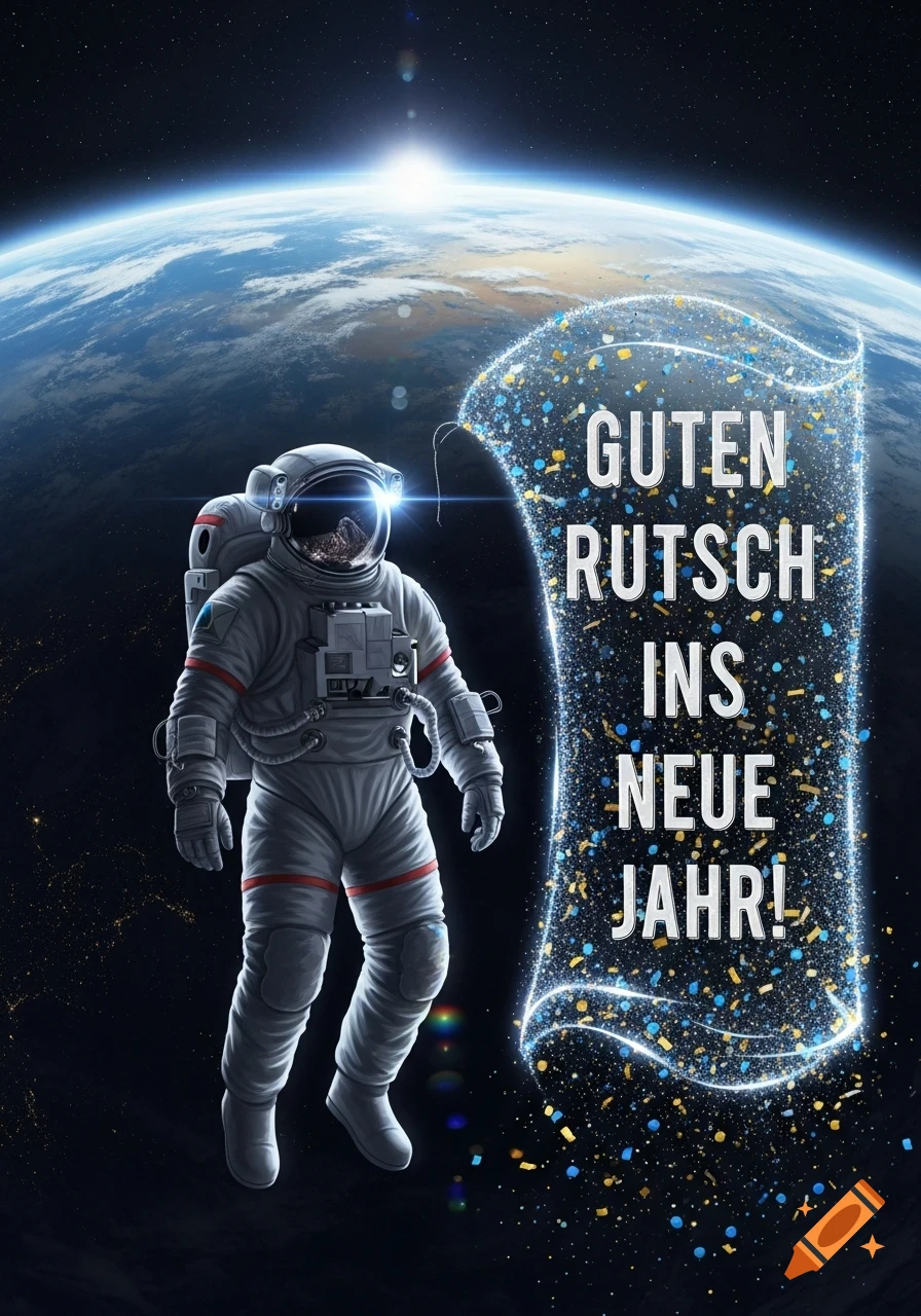 Astronaut in space above Earth, beside a glowing banner with the German New Year's greeting "GUTEN RUTSCH INS NEUE JAHR!".