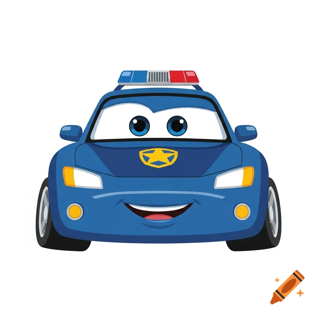 Blue cartoon police car with a smiling face, big eyes, a star badge, and red and blue lights on a white background.