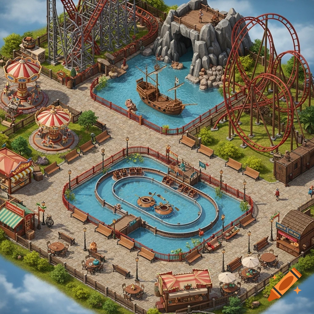 Isometric view of a vibrant pirate-themed amusement park with roller coasters, carousels, water rides, and food stalls.