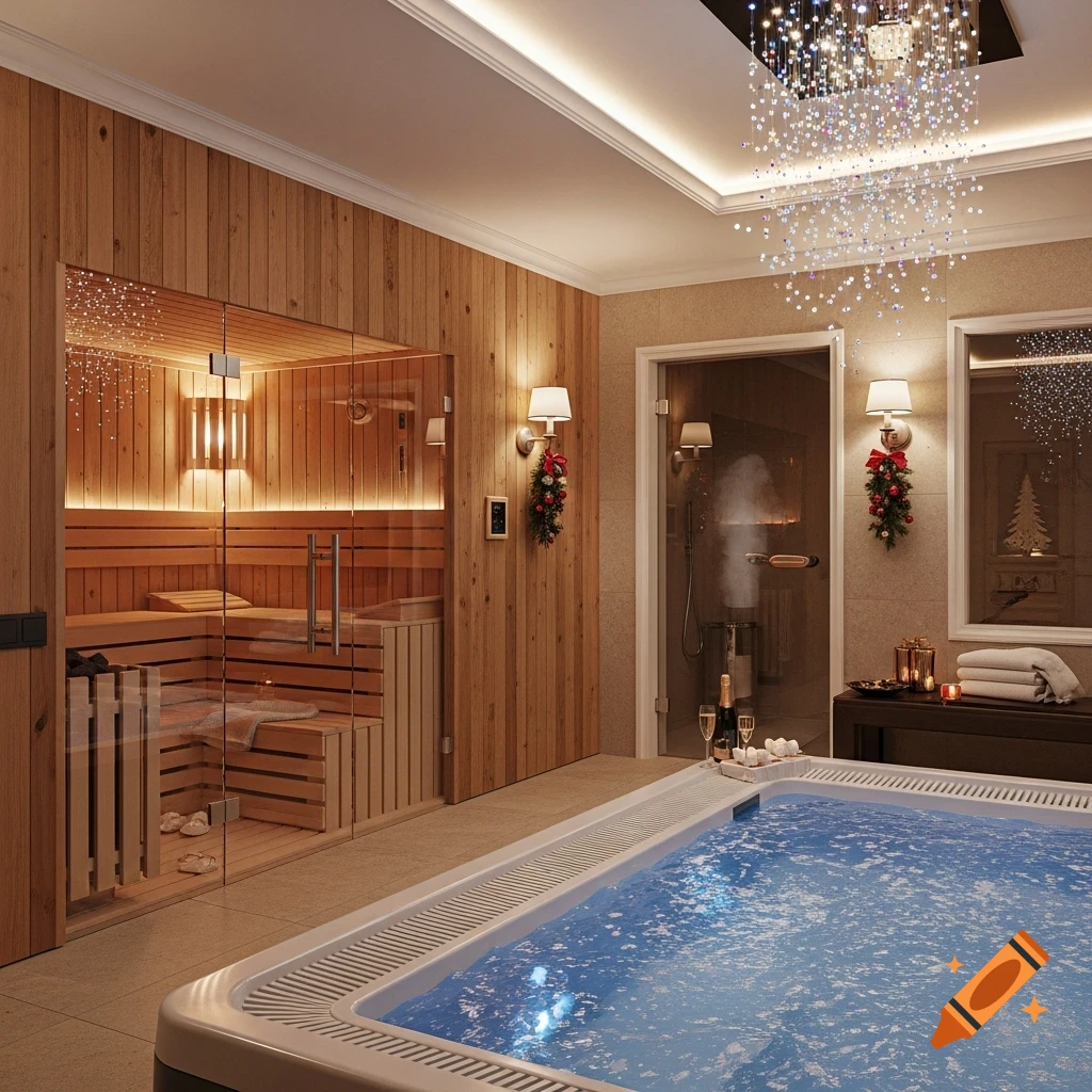 A luxurious indoor spa room featuring a wooden sauna, a glass shower, and a large jacuzzi, adorned with subtle holiday decorations.