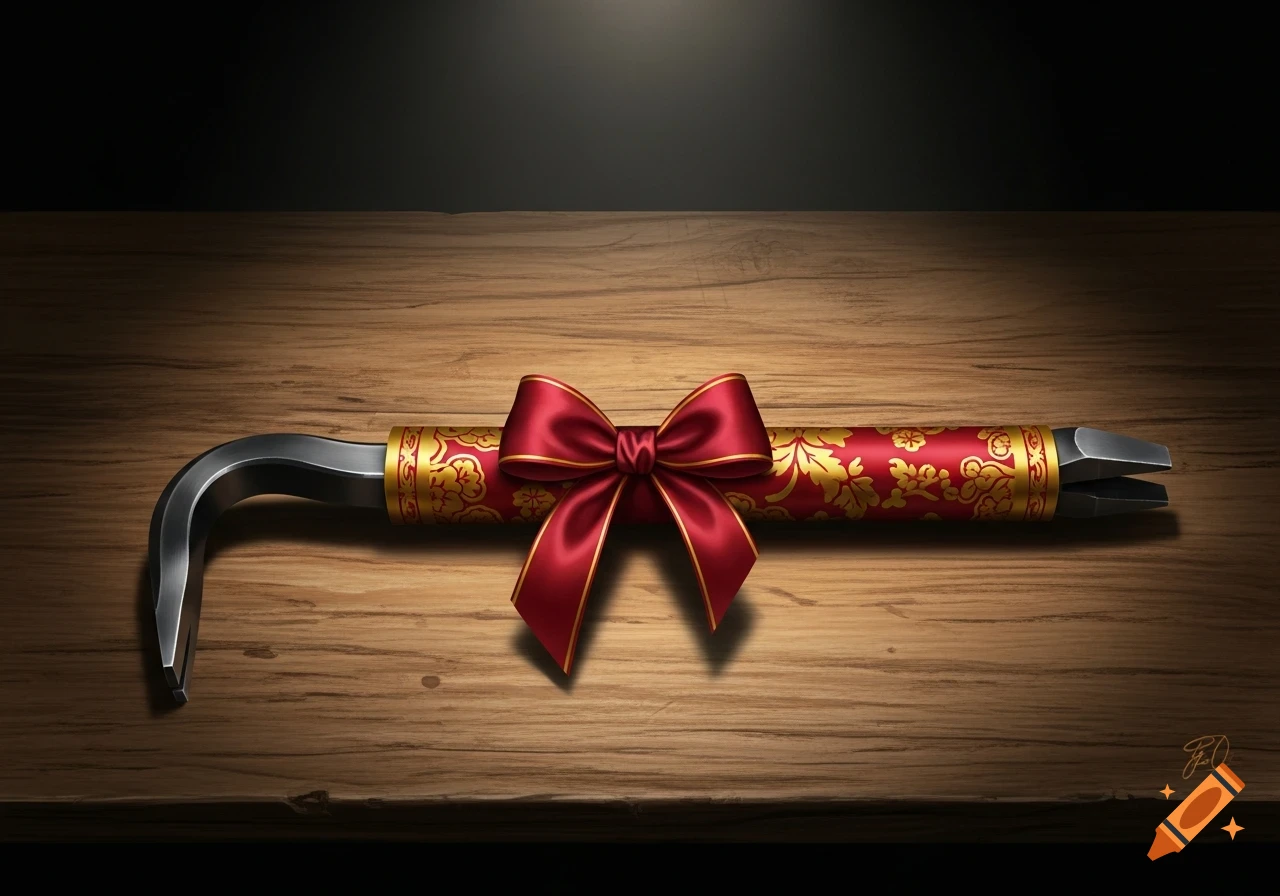 A crowbar decorated with a red bow and gold pattern, lying on a wooden table.