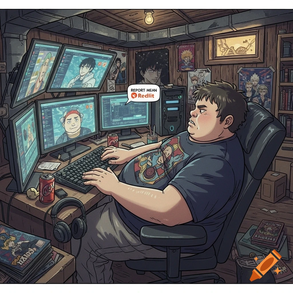 Manga-style illustration of an obese teen in a basement, intensely typing at a multi-monitor computer setup, with a "REPORT MEAN Redlit" bubble on screen.
