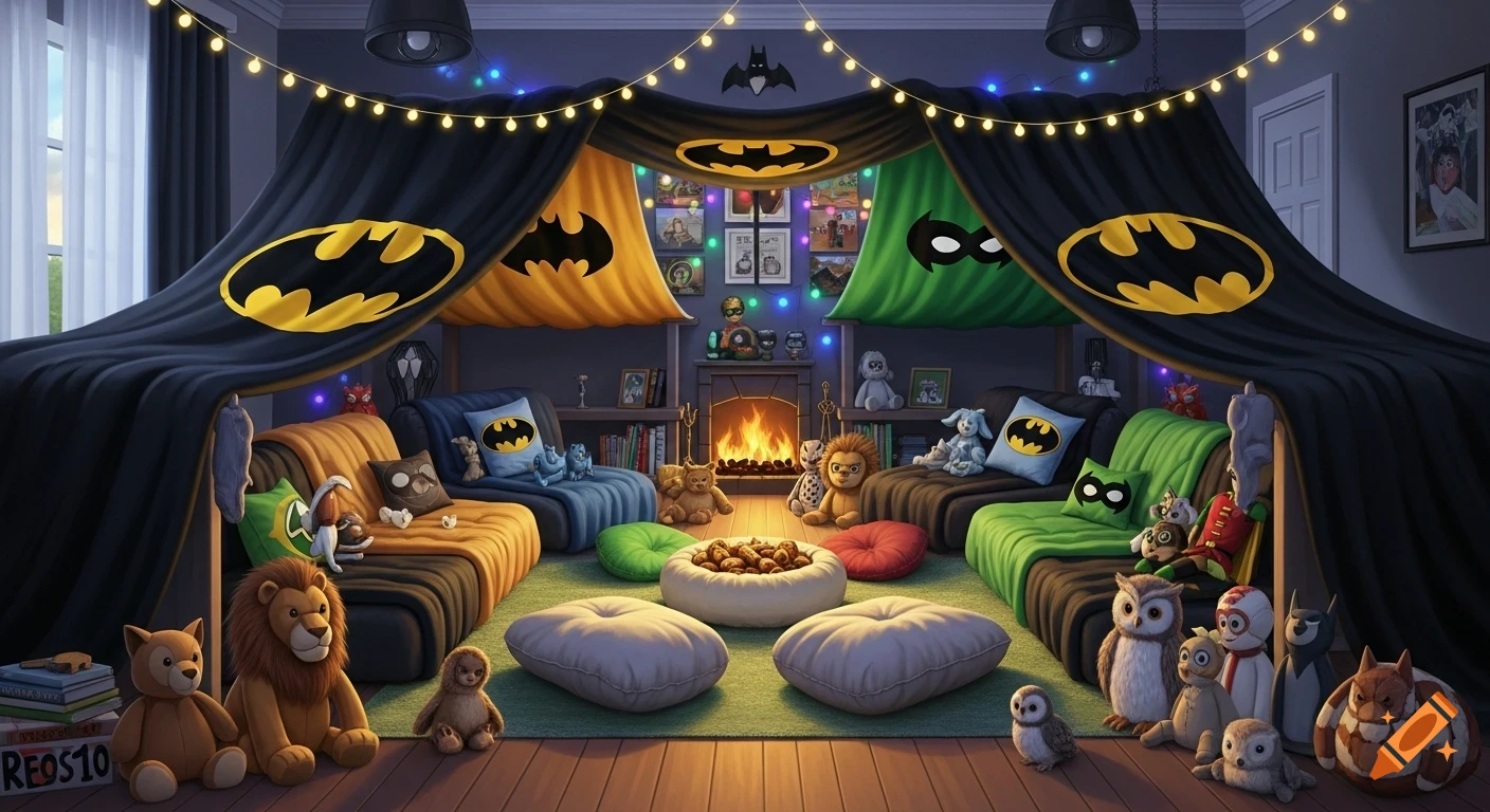A cozy, elaborate Batman and Robin themed blanket fort filling a room, with couches, pillows, a fireplace, and many stuffed animals.