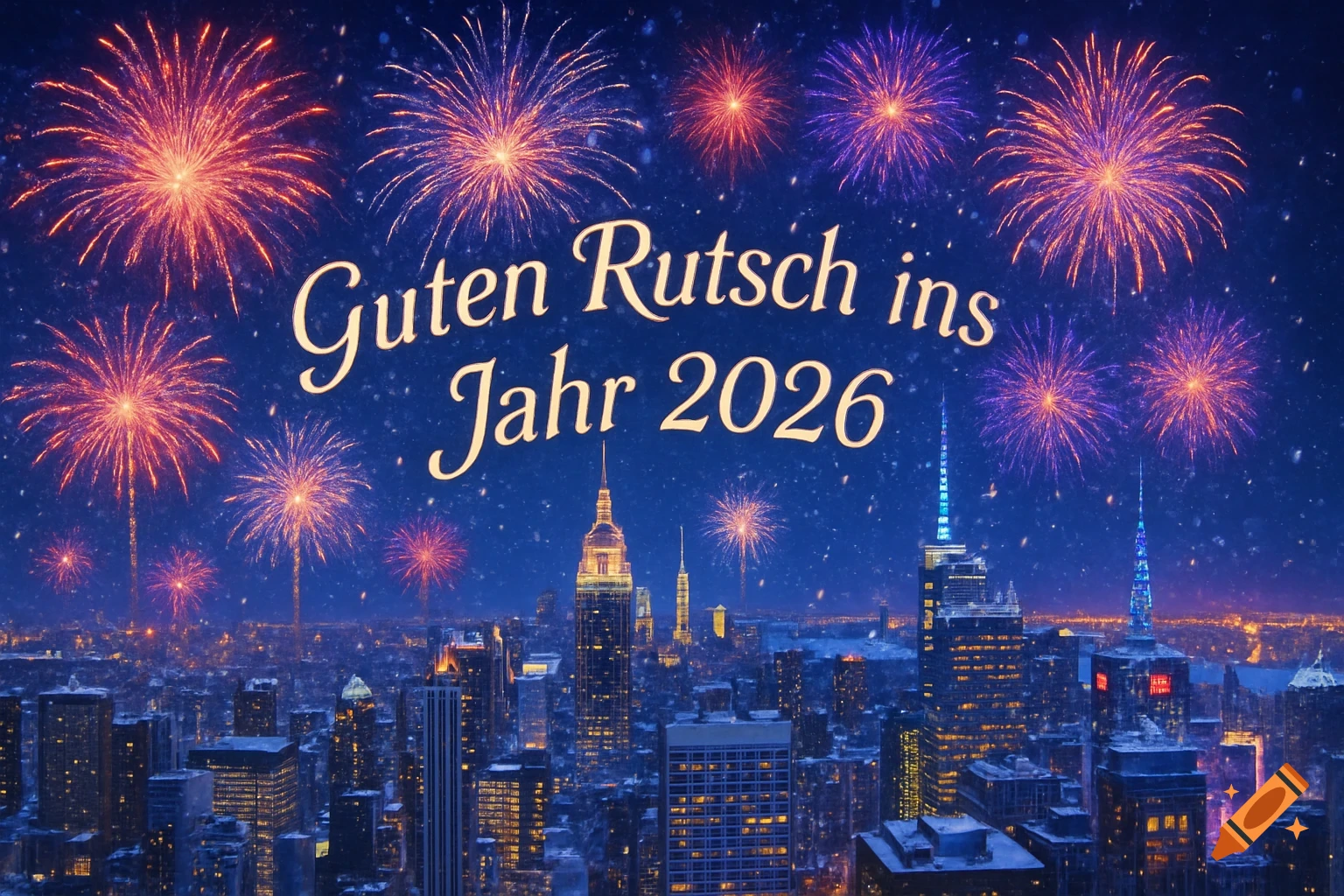 New York cityscape at night with colorful fireworks exploding over the snowy buildings and the German text 'Guten Rutsch ins Jahr 2026'.