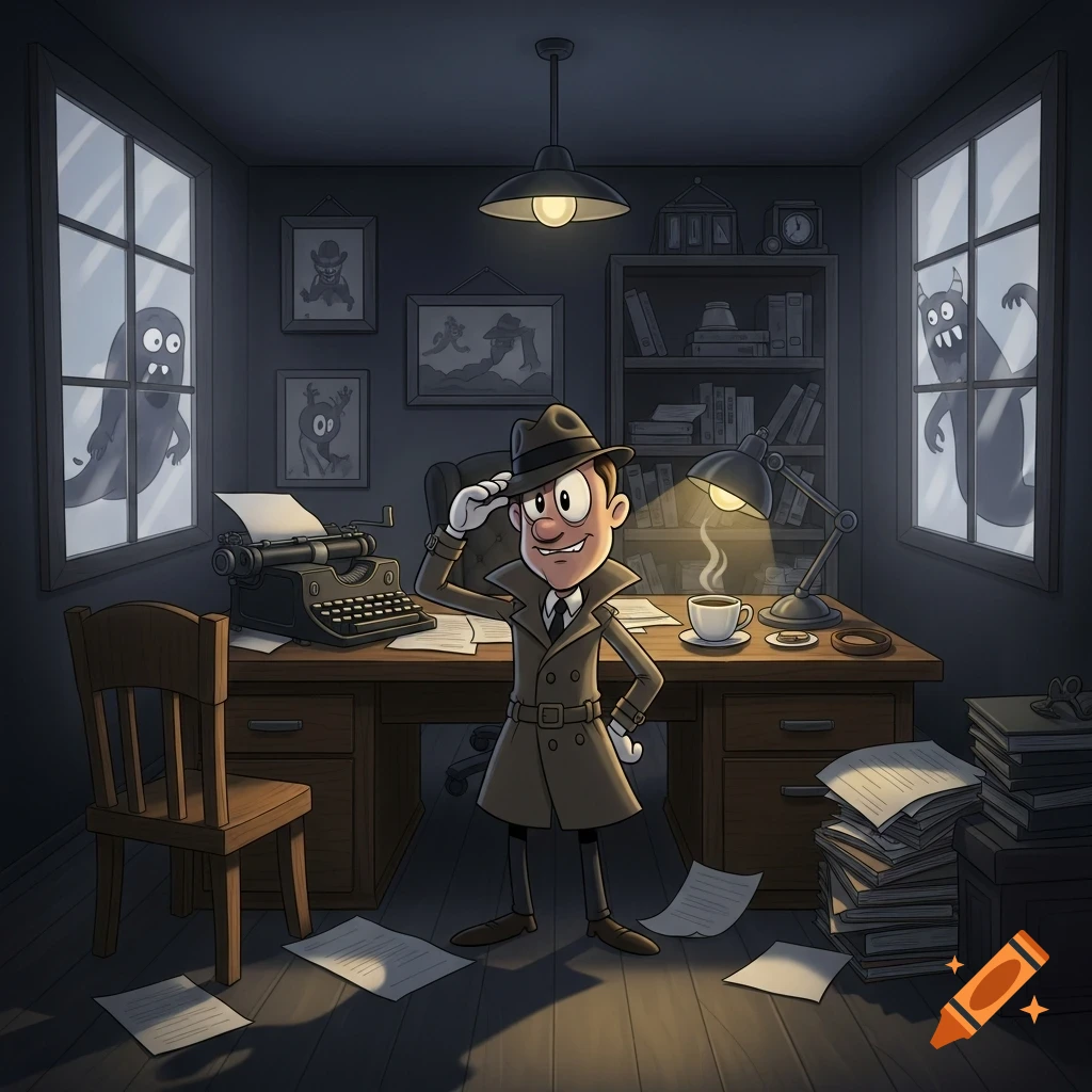 Cartoon detective saluting in a moody Noir office at night with spooky ghost-like monsters peering in through the windows.