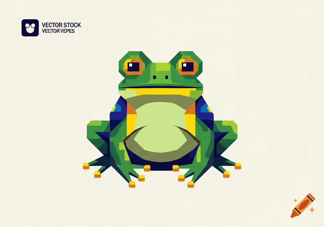A stylized green frog in a geometric, low-polygon art style on a light background.