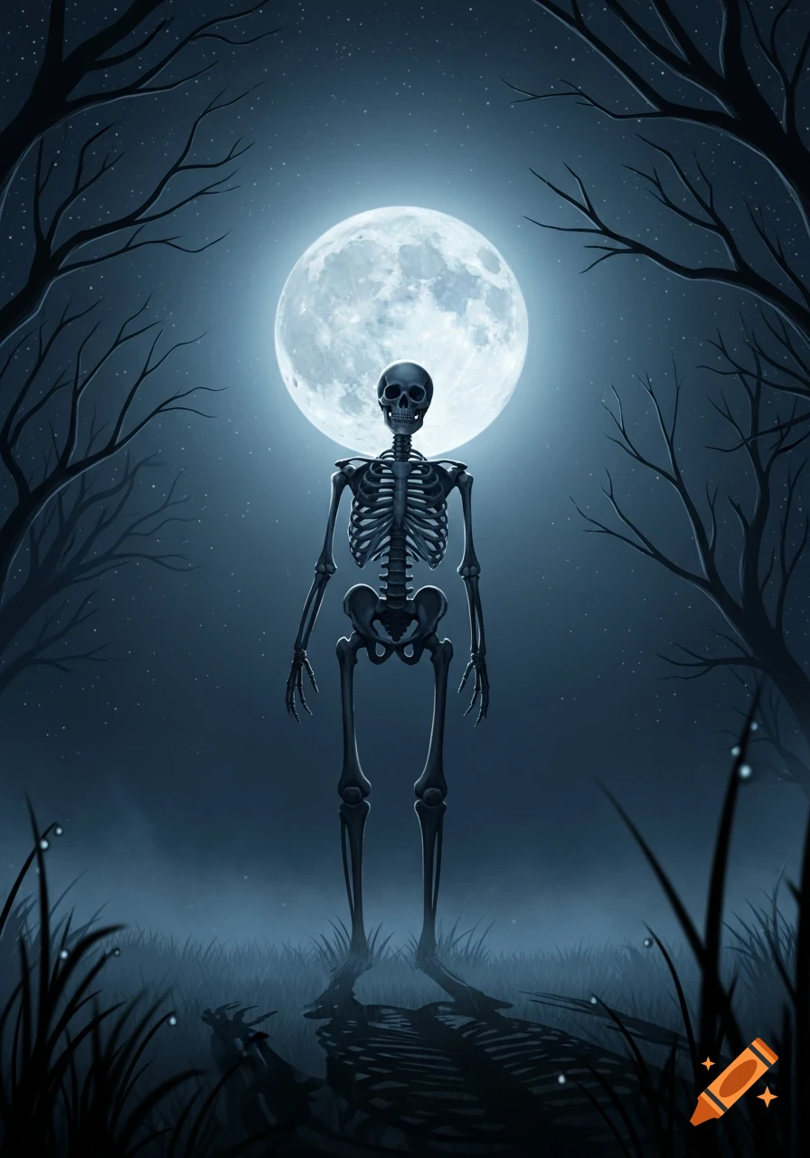 A stylized illustration of a skeleton standing in a misty, dark forest at night, with a large full moon behind it and bare trees.
