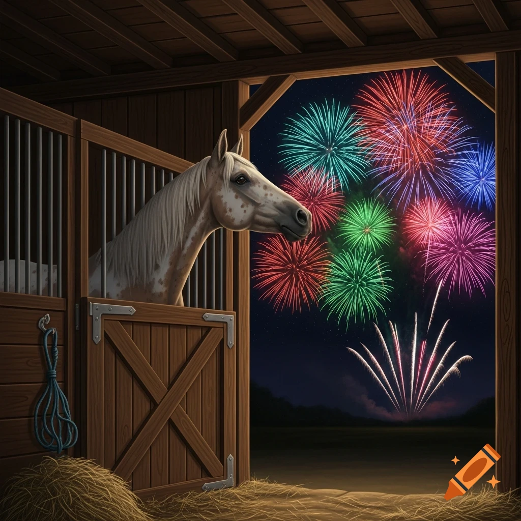 A horse looks out from a barn at colorful fireworks exploding in the night sky.