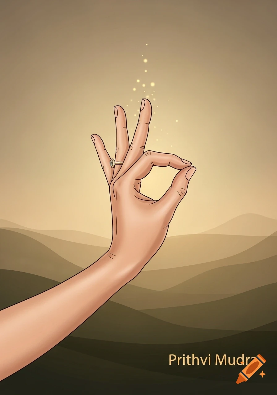 An illustrative hand performs the Prithvi Mudra gesture, thumb and ring finger touching, against abstract brown and gold hills with glowing dots.