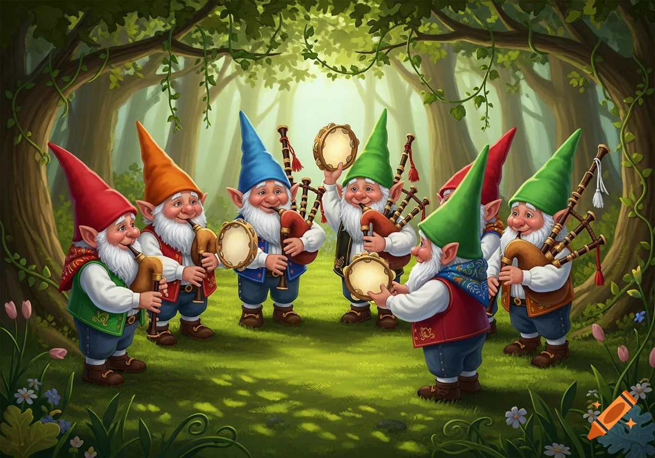 An illustration of seven cheerful gnomes in colorful hats playing bagpipes and tambourines in a magical forest.