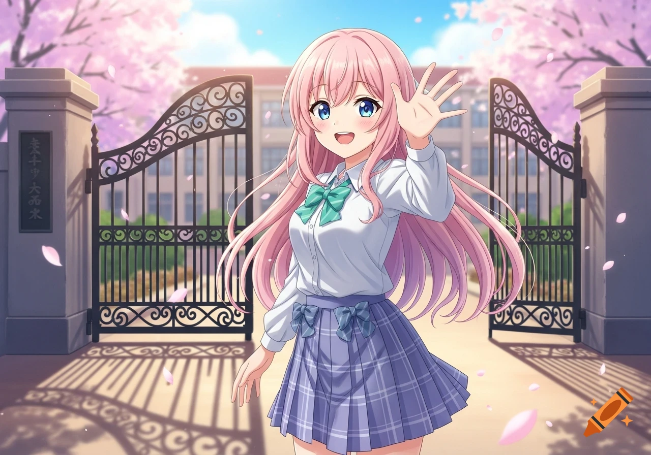Anime girl with pink hair in a school uniform waving in front of a school gate with cherry blossoms.
