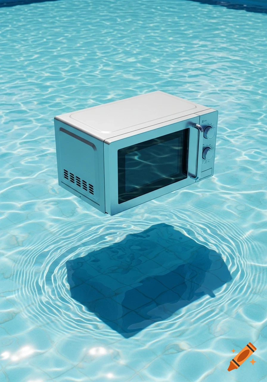 A photorealistic image of a white microwave floating in a bright blue swimming pool, casting a shadow below.