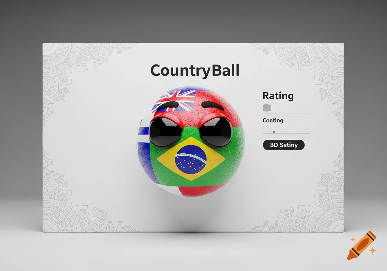 A 3D render of a 'CountryBall' character, a sphere adorned with various national flags and large black eyes, displayed on a white board with text.