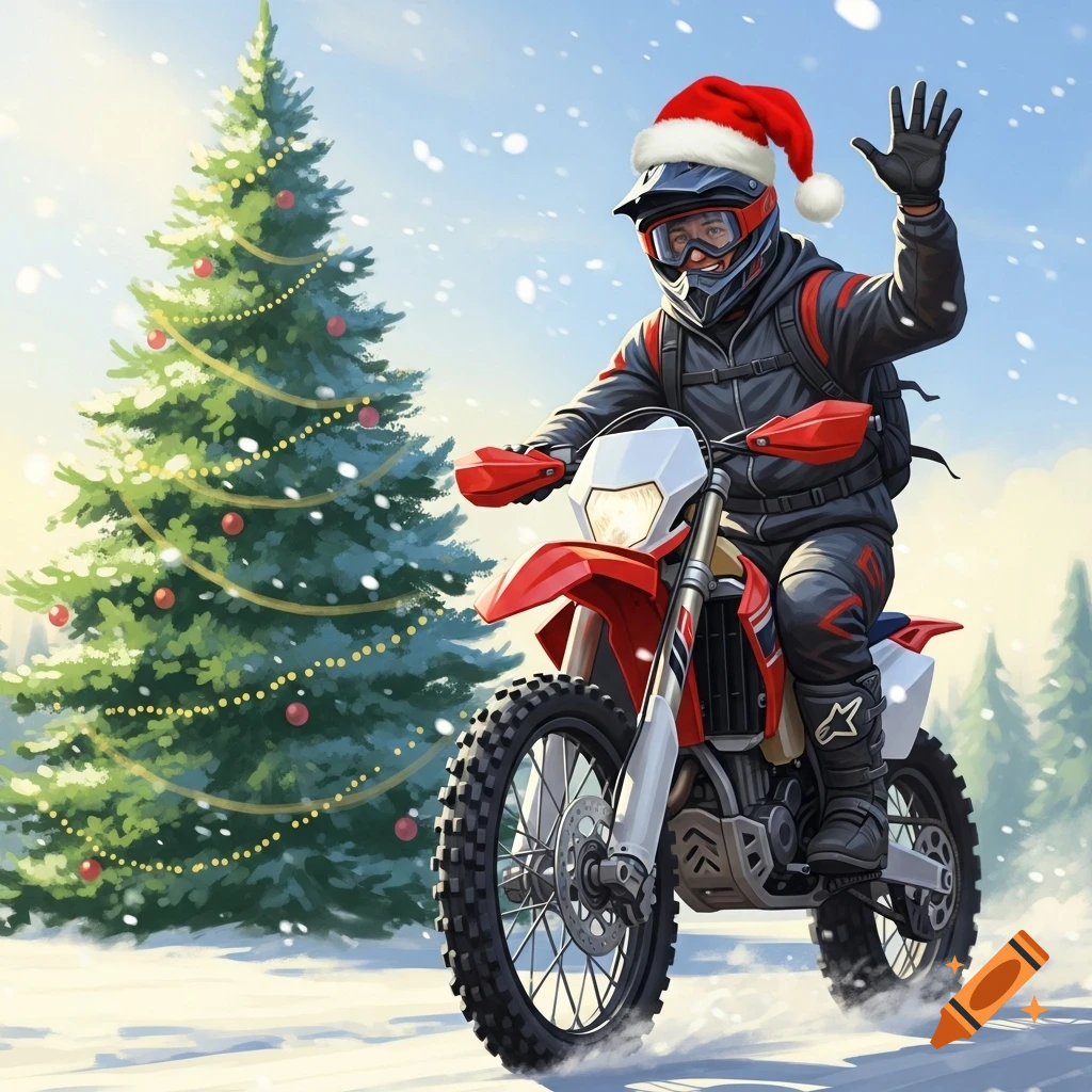 A dirt bike rider wearing a Santa hat waves, riding through a snowy landscape with a decorated Christmas tree.