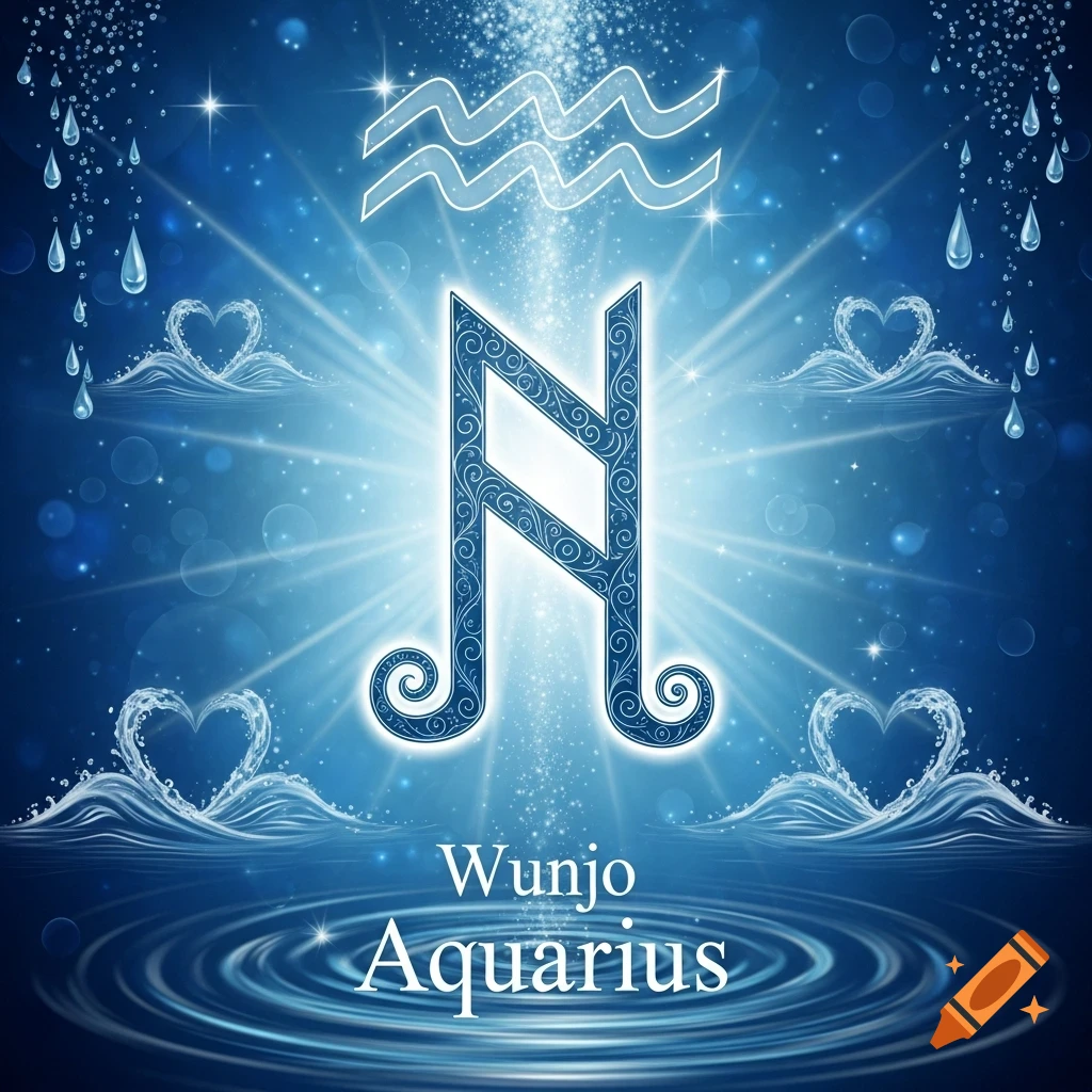 A glowing blue image with a central ornate symbol, water ripples, hearts, the Aquarius sign, and the text 'Wunjo Aquarius'.