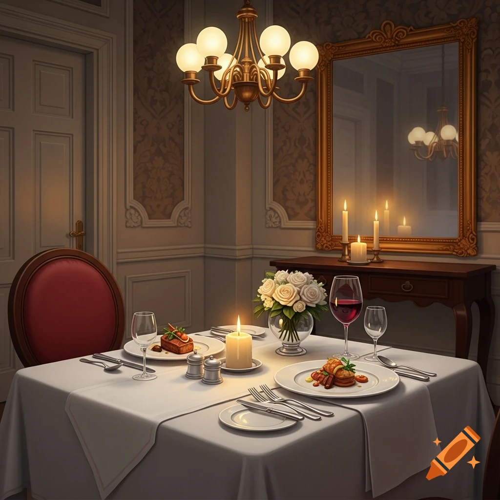 An elegant dining table set for one in a luxurious room, featuring plates of food, wine, candles, and a white rose bouquet under a chandelier.