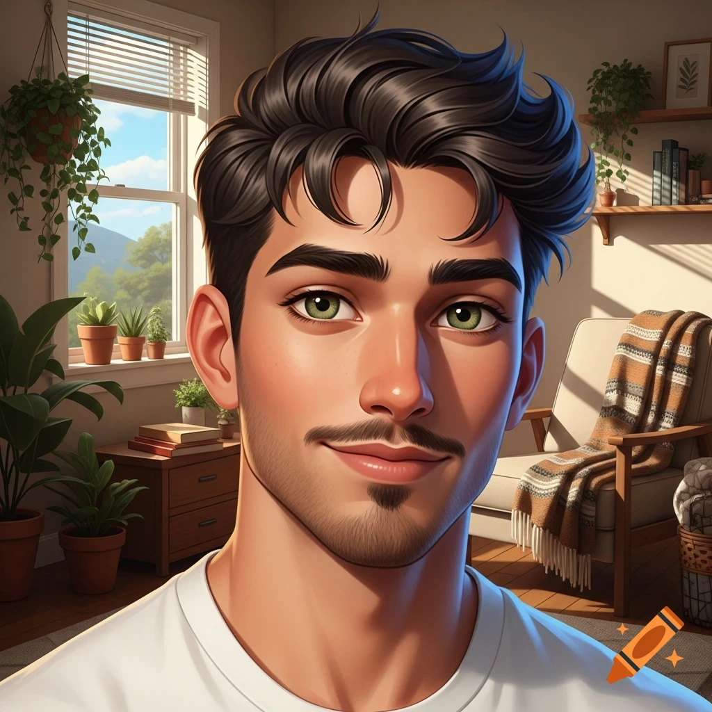 A stylized portrait of a young man with dark wavy hair, green eyes, a mustache, and a goatee, smiling slightly, in a plant-filled room.