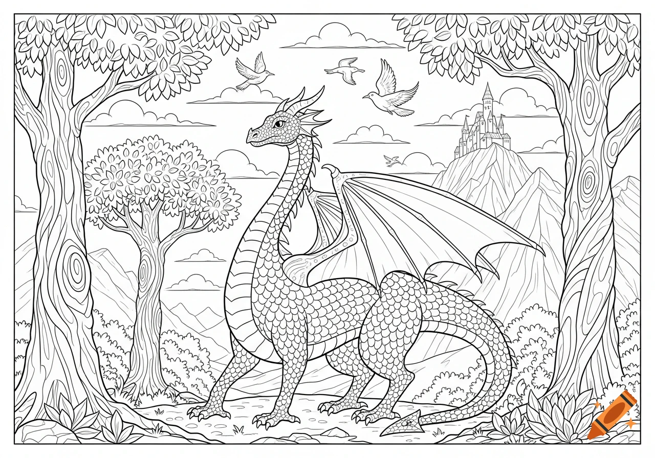 A detailed coloring page of a two-legged dragon standing in a forest with a castle on a mountain in the background, with birds flying.