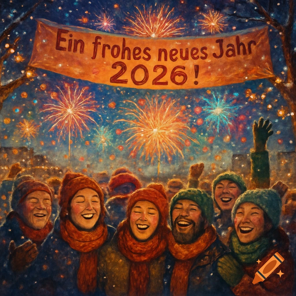 An impressionistic painting of a crowd of happy people in winter clothes, celebrating New Year's Eve under a banner that reads "Ein frohes neues Jahr 2026!" as fireworks explode in the night sky.