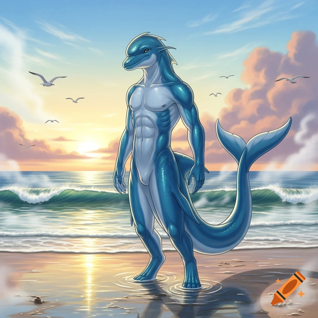 A muscular anthropomorphic dolphin man stands on a sandy beach with gentle waves and seagulls, against a vibrant sunset.