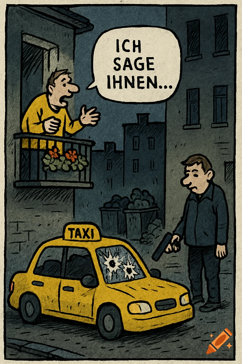A satirical cartoon depicting a man on a balcony shouting at another man holding a gun next to a yellow taxi with bullet holes in a city at night.