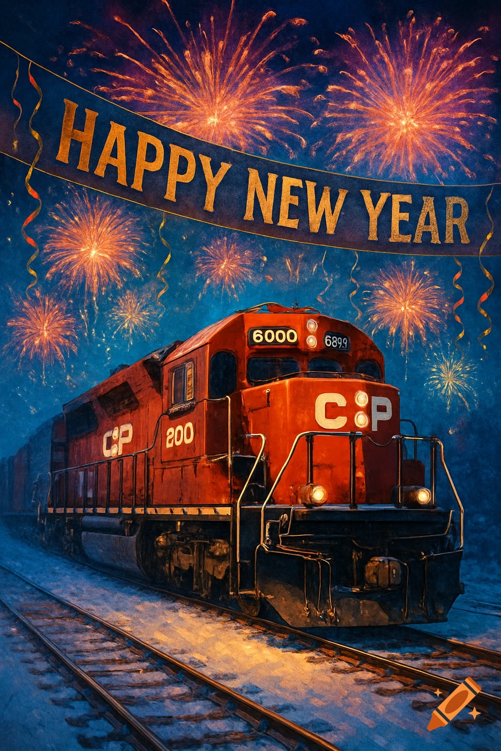 A red train travels on snowy tracks under a banner reading 'Happy New Year' with fireworks exploding in a dark blue sky.