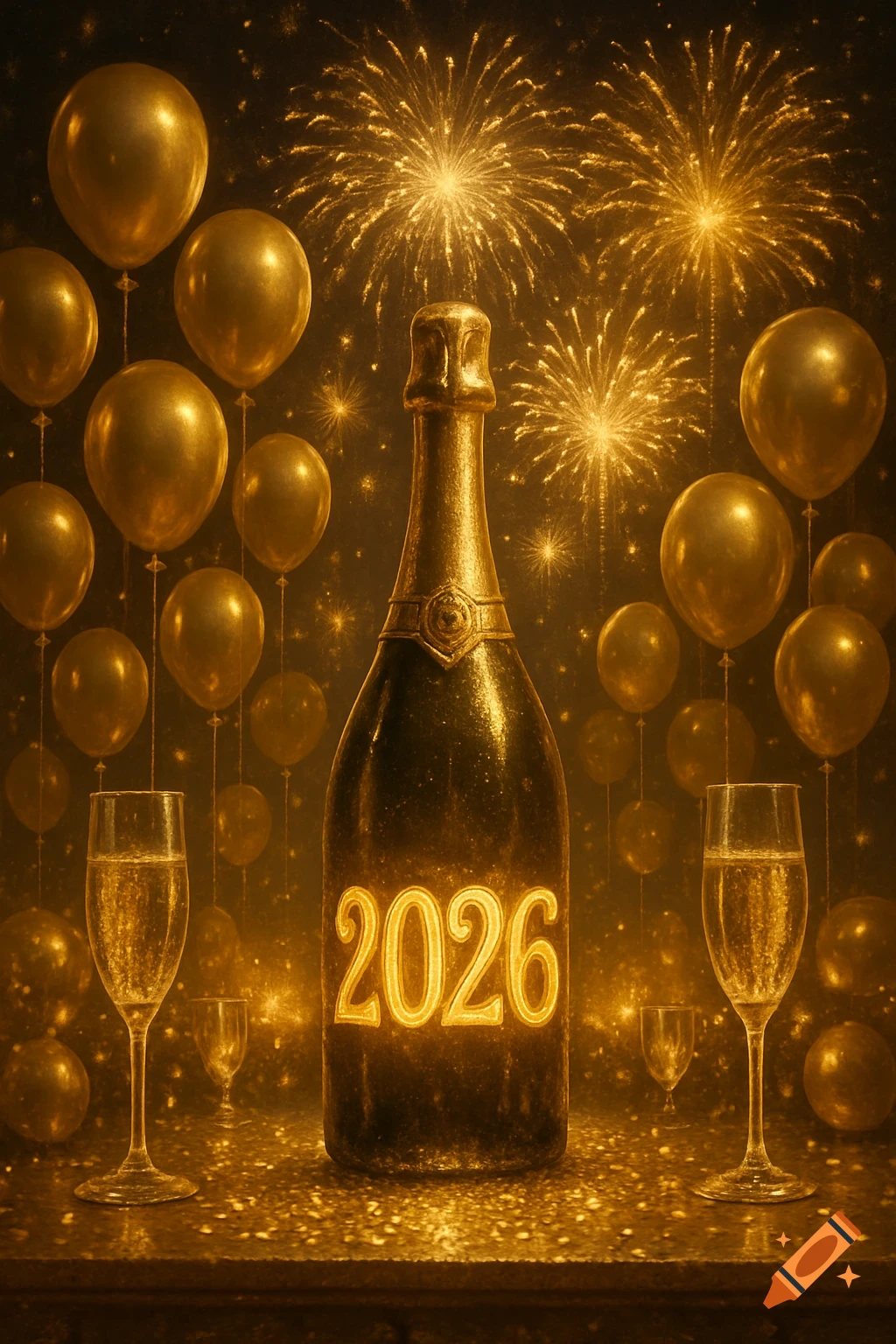 Golden champagne bottle glowing with '2026', flanked by flutes, balloons, and fireworks against a dark background, celebrating New Year.