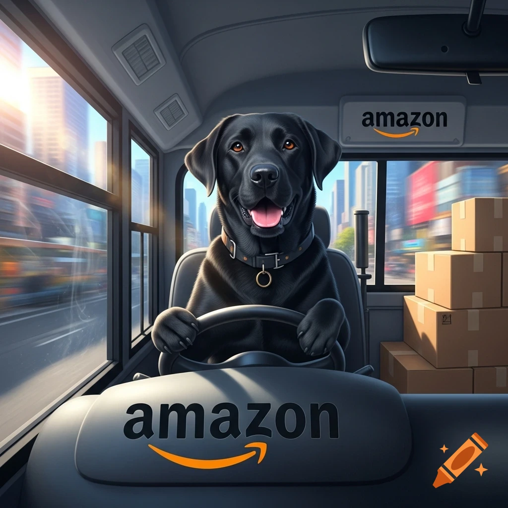A photorealistic black Labrador dog sits in the driver's seat of an Amazon delivery bus, driving through a city with packages in the back.