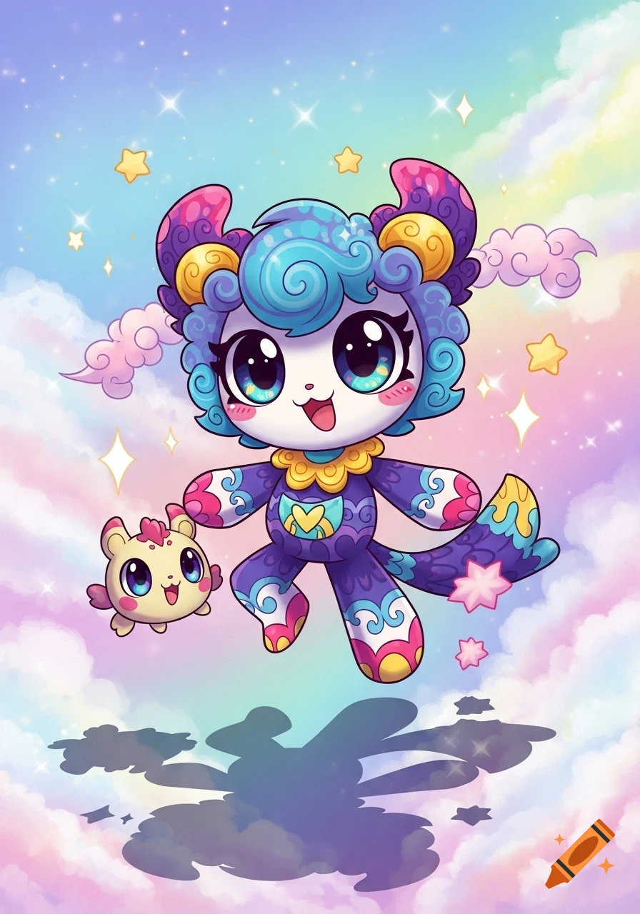A large, cute, blue and purple patterned cartoon creature with big eyes floats in a pastel rainbow sky with a smaller yellow creature.