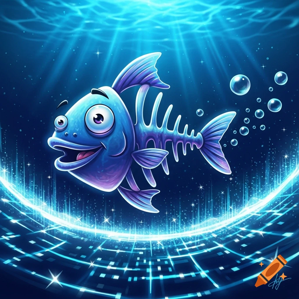 A cartoon blue fish, half-flesh and half-skeleton, smiling underwater in a glowing blue digital art scene with light rays.