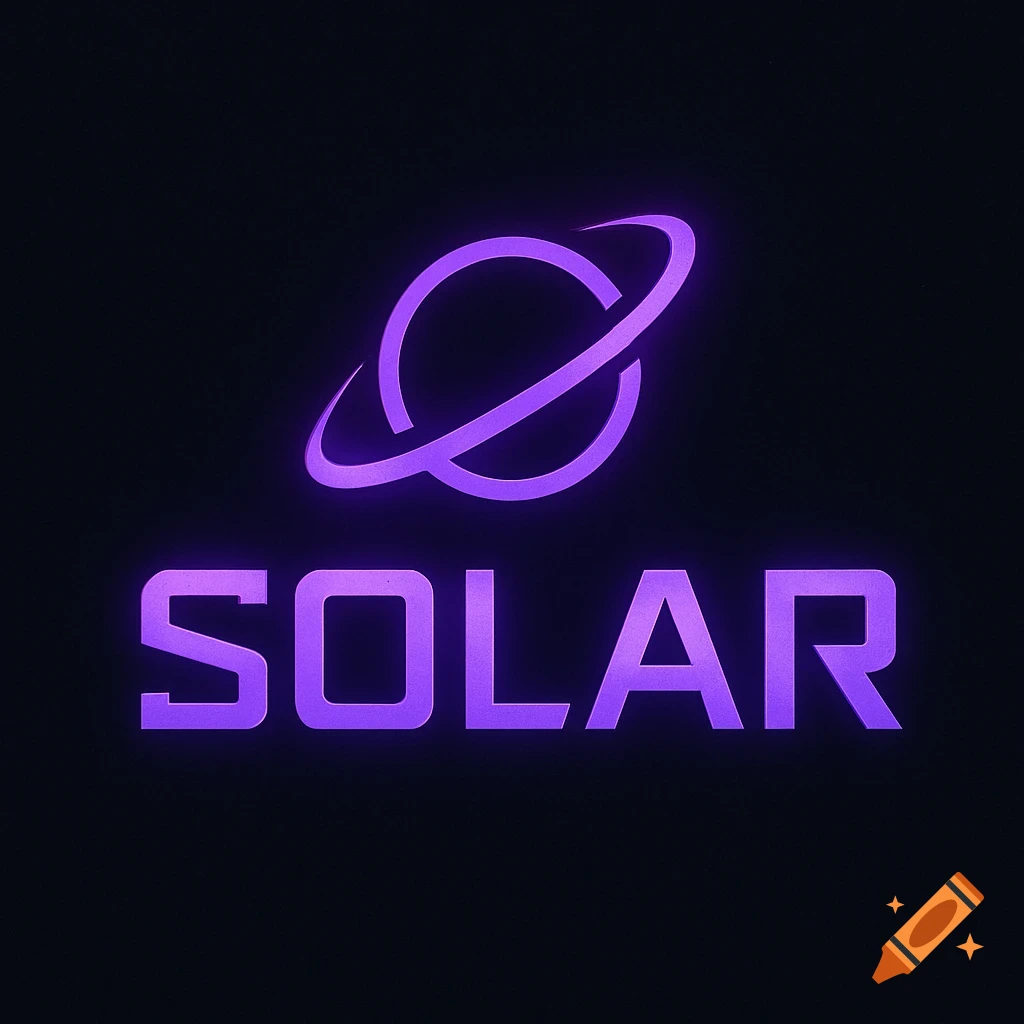 Minimalist glowing purple 'SOLAR' text below an abstract planetary ring symbol on a dark background, in a sleek, high-tech style.