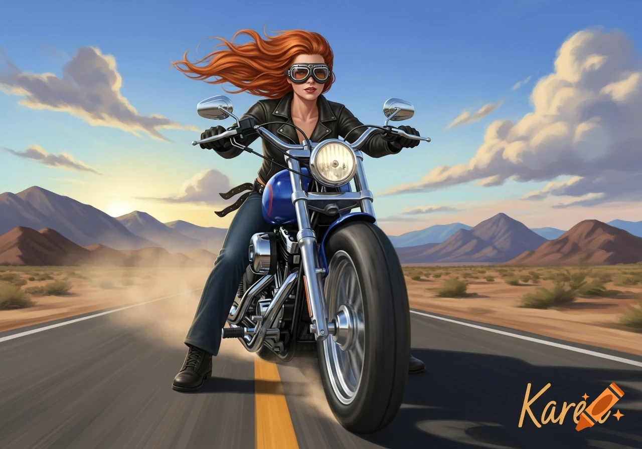 A red-haired woman in a leather jacket and goggles rides a blue motorcycle on a desert road with mountains under a clear sky, illustrative art.