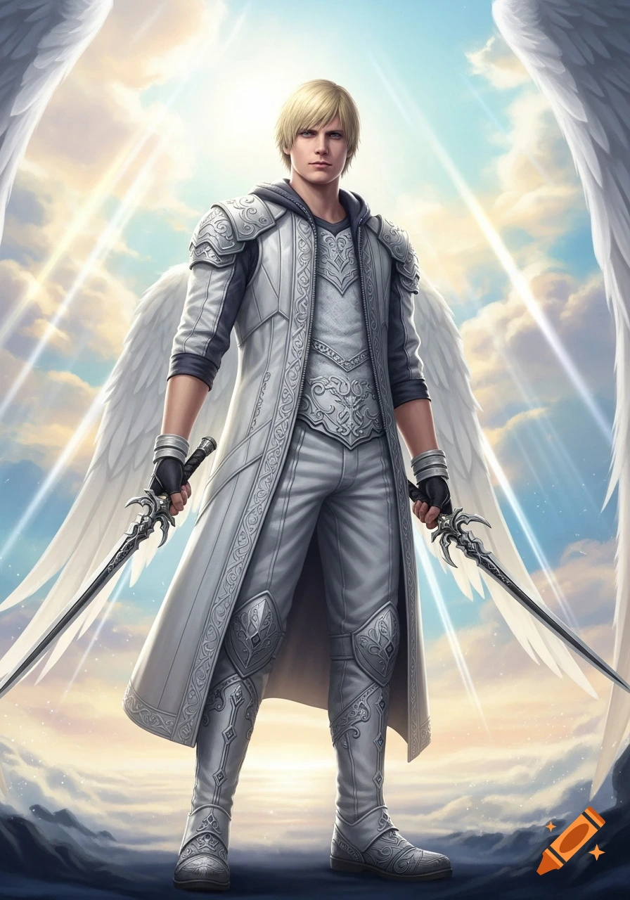 An angelic male warrior with blonde hair, wearing white and silver armor, holding two swords, stands against a bright, cloudy sky.