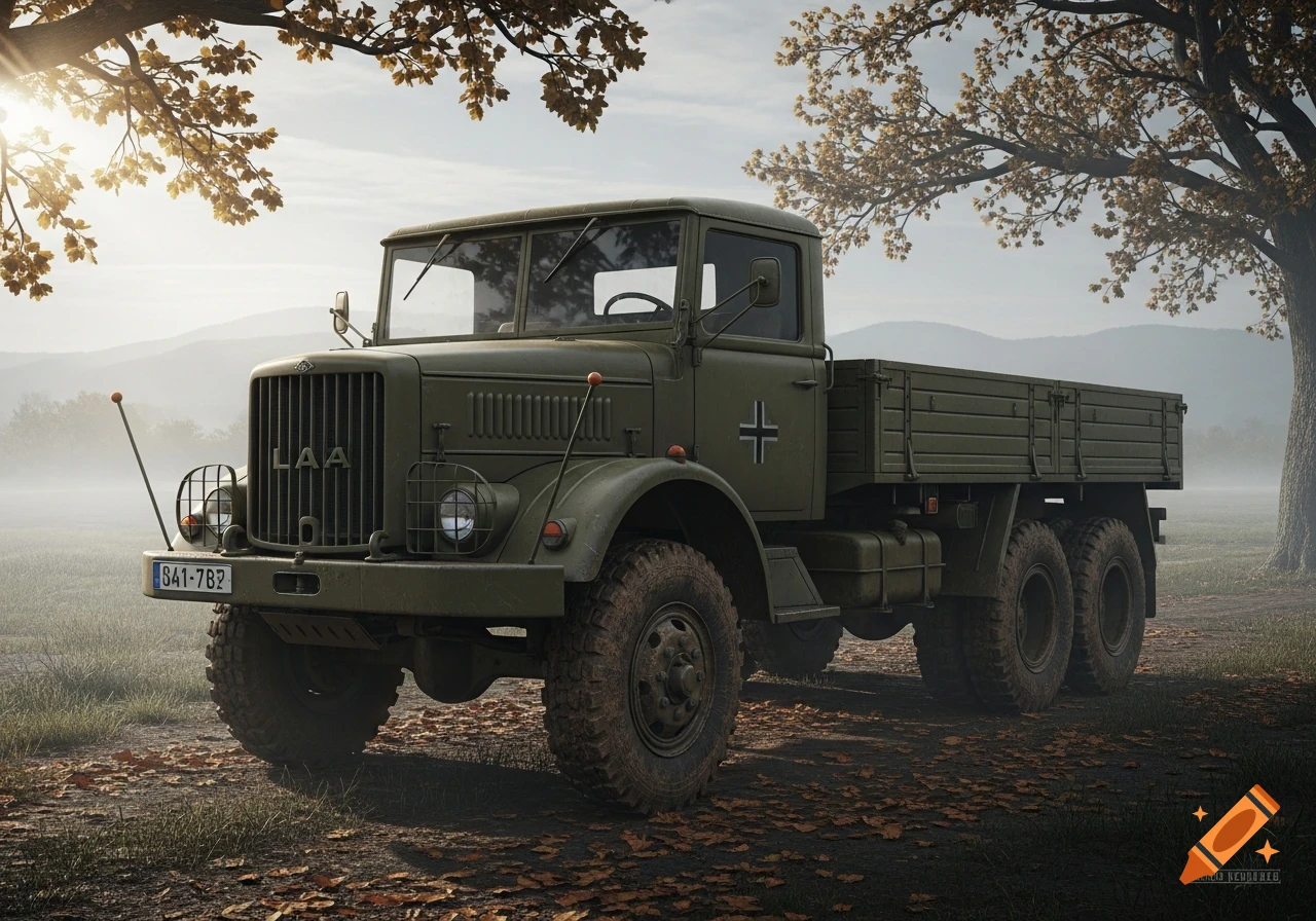 An olive green military-style truck with an 'LAA' logo and a license plate 'S41-7B2' is parked on a dirt road amidst autumn trees, with misty mountains in the background.