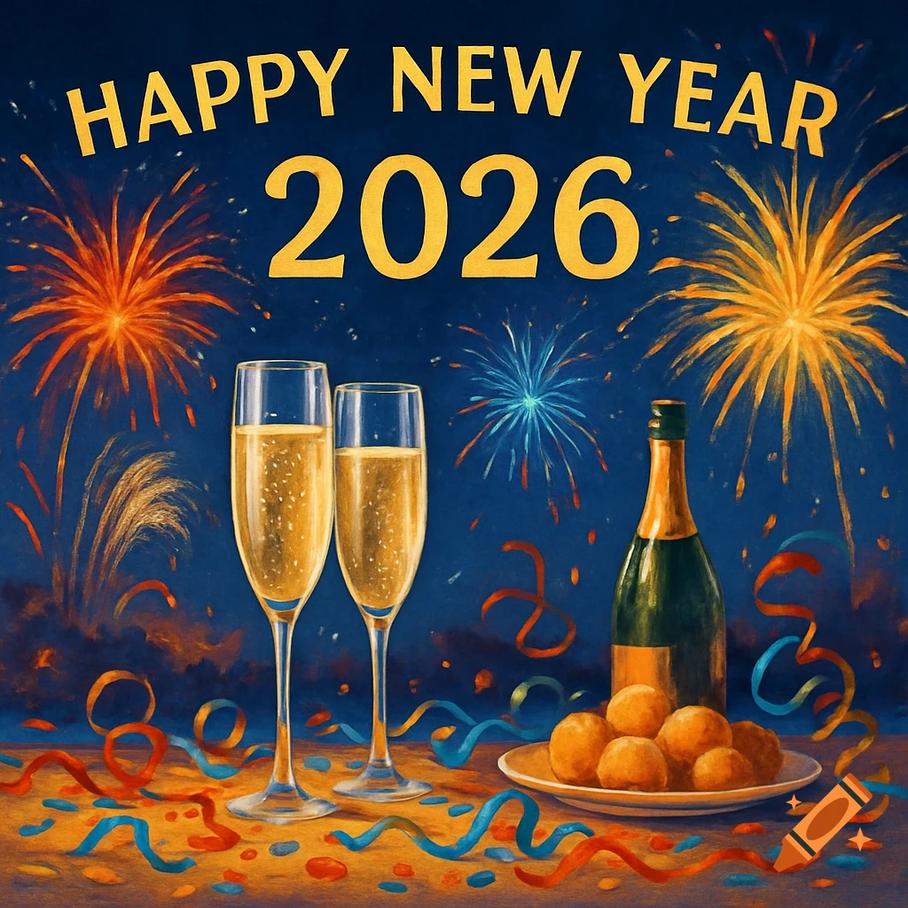 A festive New Year 2026 illustration with champagne, fireworks, and party streamers against a dark blue sky.