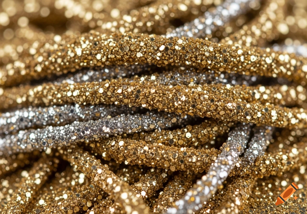 A close-up, hyper-realistic shot of intertwined gold and silver glitter strands, showing distinct granular particles and sparkling reflections.
