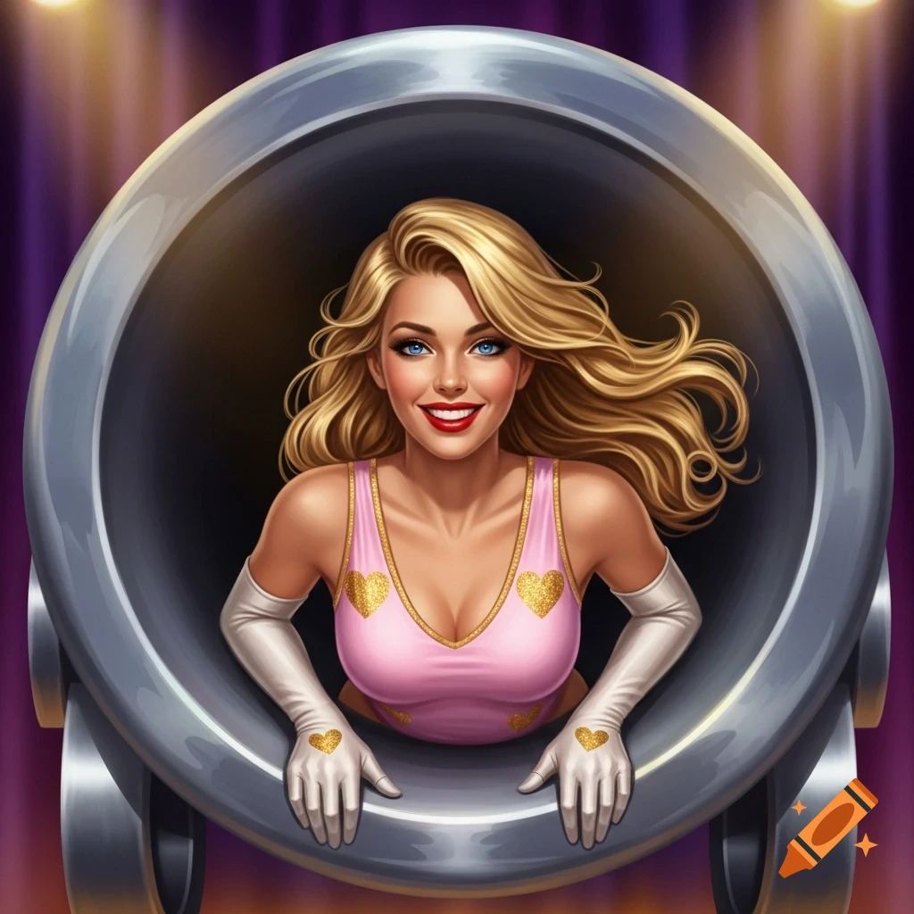 A beautiful young woman with blonde hair, blue eyes, and red lipstick smiles from inside a metal circus cannon, wearing a pink leotard with gold hearts and white gloves.